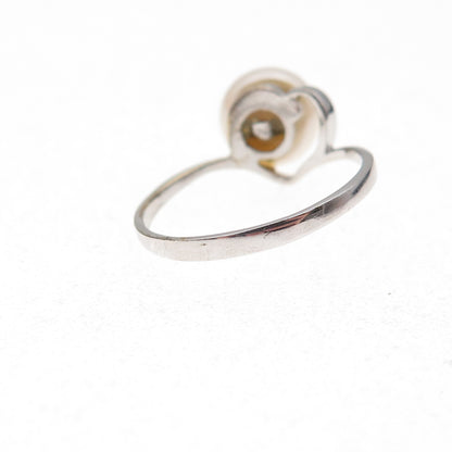 925 Sterling Silver Vintage Real Pearl Heart Ring Size 5.5