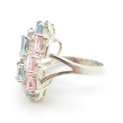 925 Sterling Silver Real Lavender & Pink Amethyst Blue Topaz Gem Ring Size 6.25