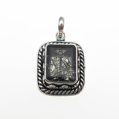 925 Sterling Silver Vintage Real Rutilated Quartz Oxidized Charm Pendant