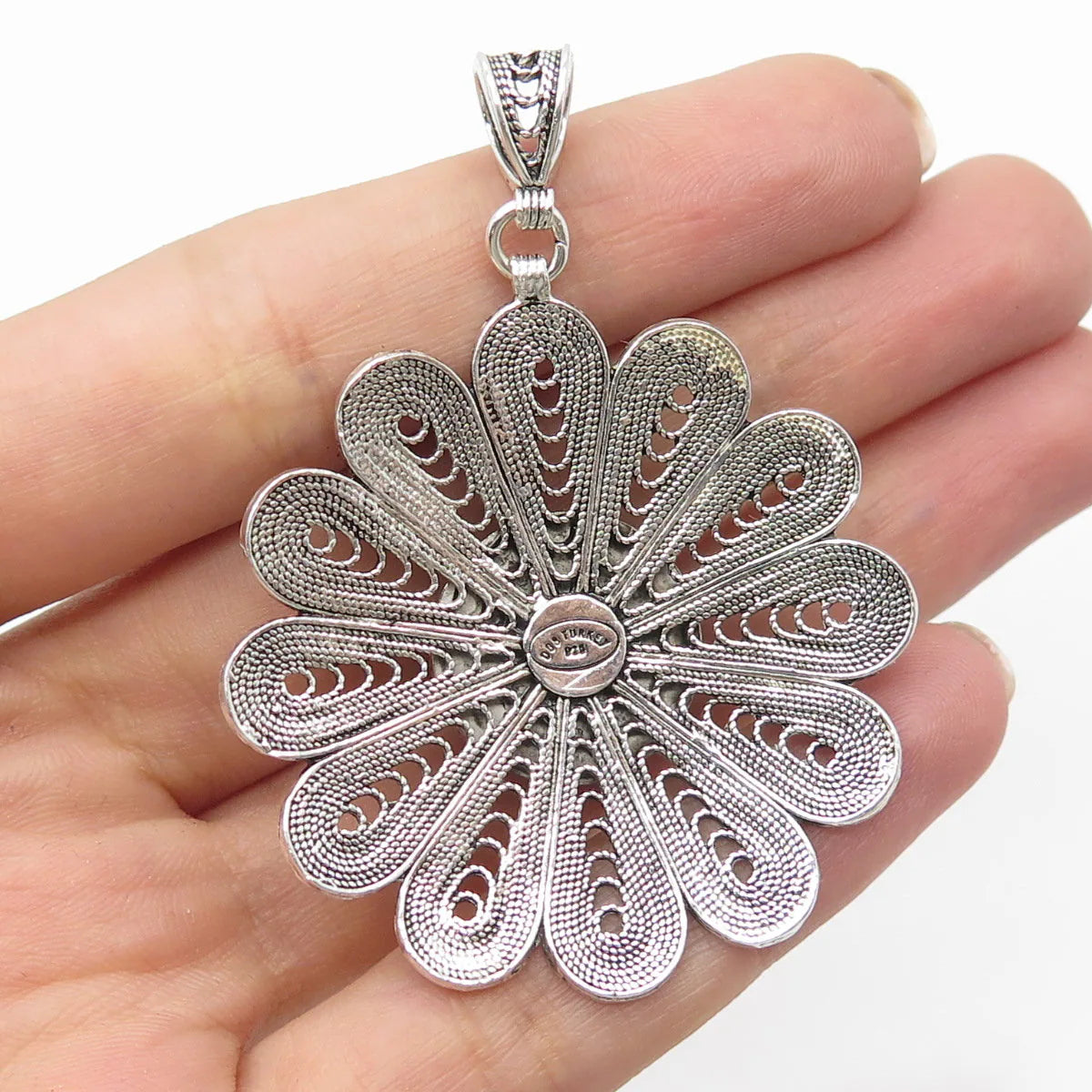 925 Sterling Silver Vintage DBS Turkey Real Black Onyx Filigree Floral Pendant