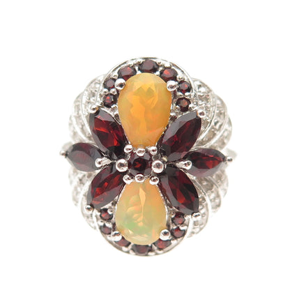 HT Harold Trujillo 925 Sterling Silver Real Diamond Opal Red Garnet Ring Size 9