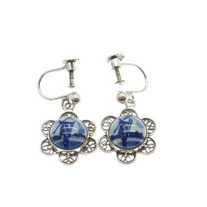 DELFT 925 Sterling Silver Vintage Ceramic Old Mill Filigree Screw Back Earrings