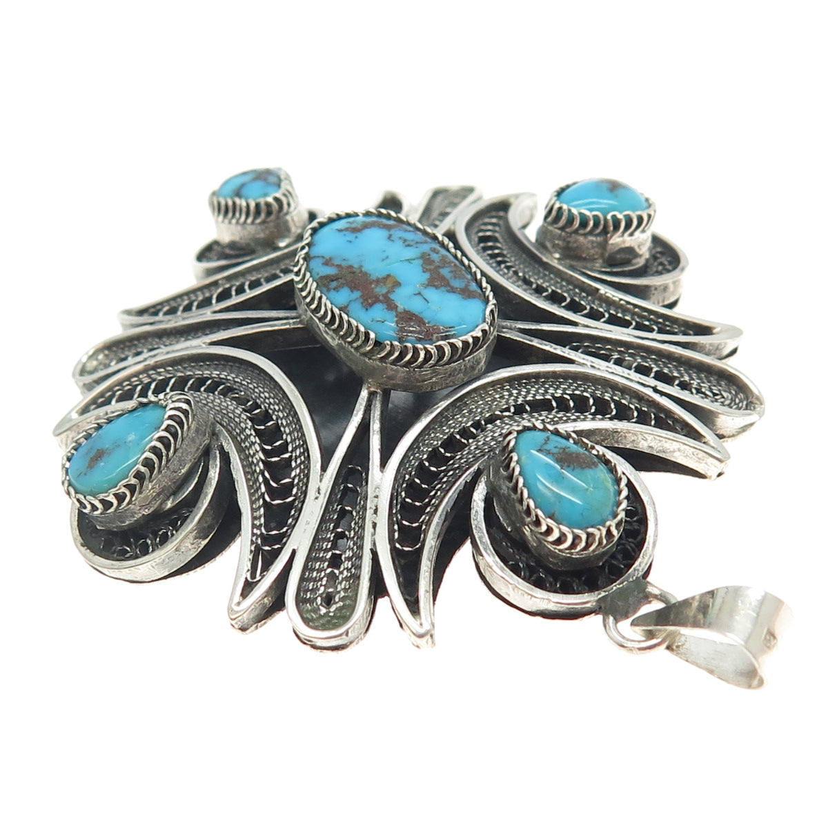 800 Silver Vintage Egypt Real Morenci Turquoise Filigree Pendant