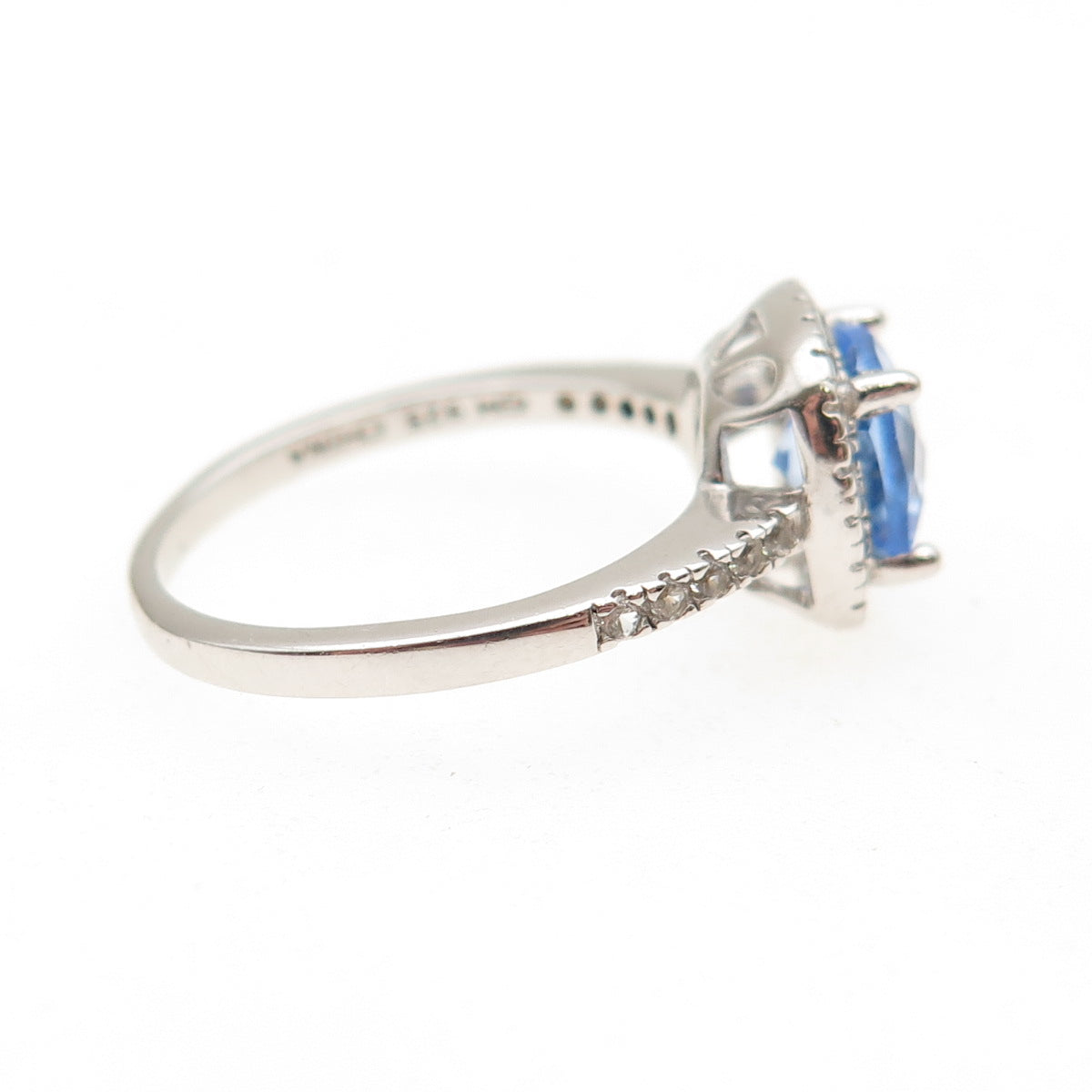 925 Sterling Silver Vintage Cushion-Cut Blue Round-Cut White C Z Ring Size 6.75