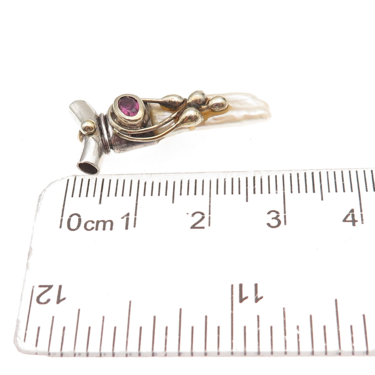 925 Sterling Silver 2-Tone Vintage Real Pearl & Red Garnet Slide Charm Pendant
