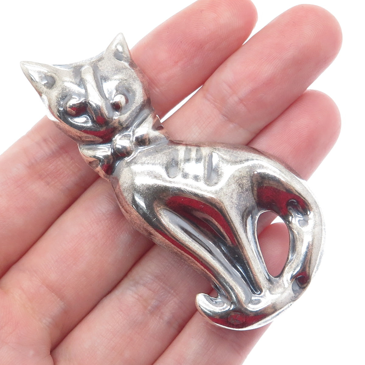 925 Sterling Silver Vintage Mexico Sitting Cat Oxidized Pin Brooch