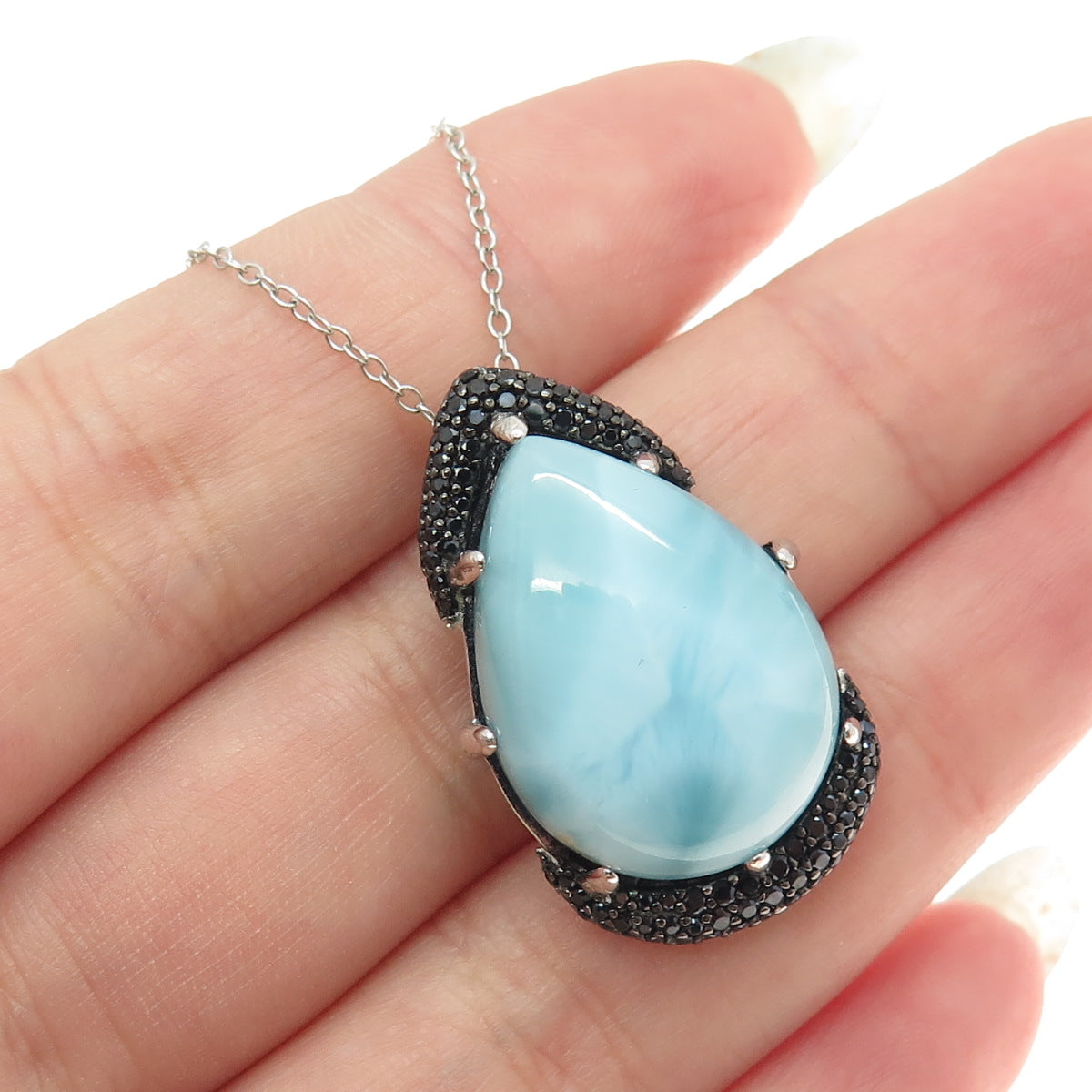 925 Sterling Silver Real Larimar & Black Spinel Gem Cable Chain Necklace 18"