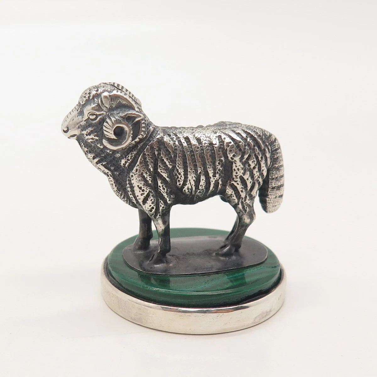 925 Sterling Silver Vintage Malachite Gemstone Aries Zodiac Sign Table Figurine