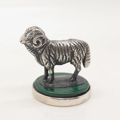 925 Sterling Silver Vintage Malachite Gemstone Aries Zodiac Sign Table Figurine