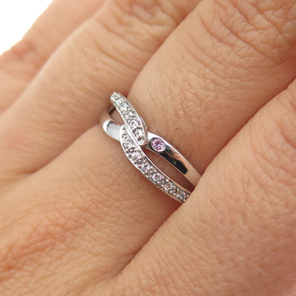 925 Sterling Silver Real Pink Sapphire & C Z Interlocked Ring Size 7