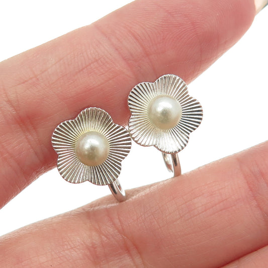 VAN DELL Sterling Silver Antique Art Deco Faux Pearl Flower Screw Back Earrings