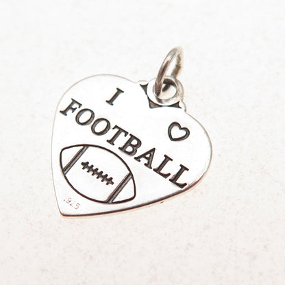 925 Sterling Silver Vintage I Love Football Heart Charm Pendant