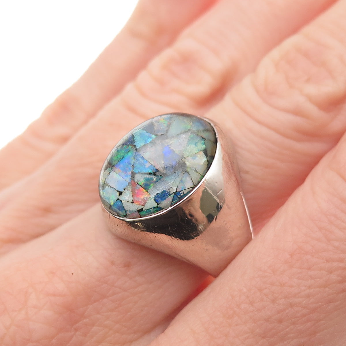 925 Sterling Silver Vintage China Real Opal Inlay Oxidized Ring Size 7.5