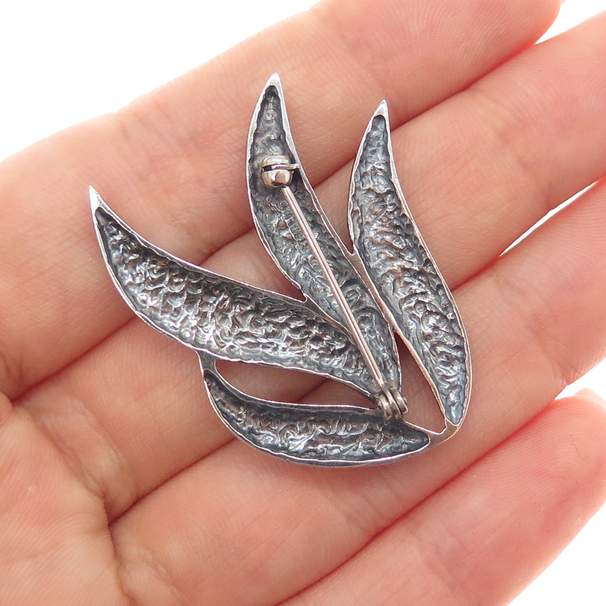 925 Sterling Silver Vintage Modernist Floral Oxidized Pin Brooch