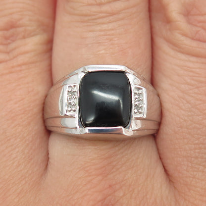 925 Sterling Silver Real Round-Cut Diamond & Black Onyx Ring Size 8.75