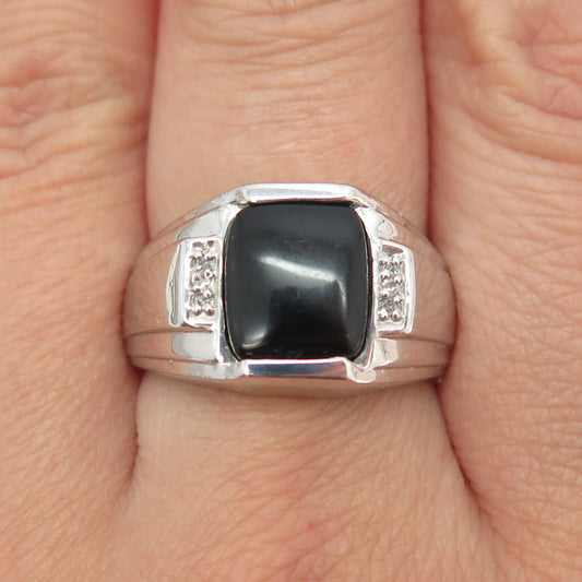 925 Sterling Silver Real Round-Cut Diamond & Black Onyx Ring Size 8.75