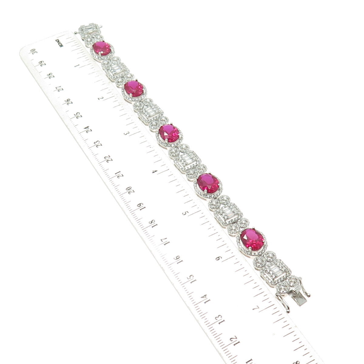 925 Sterling Silver Lab-Created Ruby & C Z Bohemian Link Bracelet 7"
