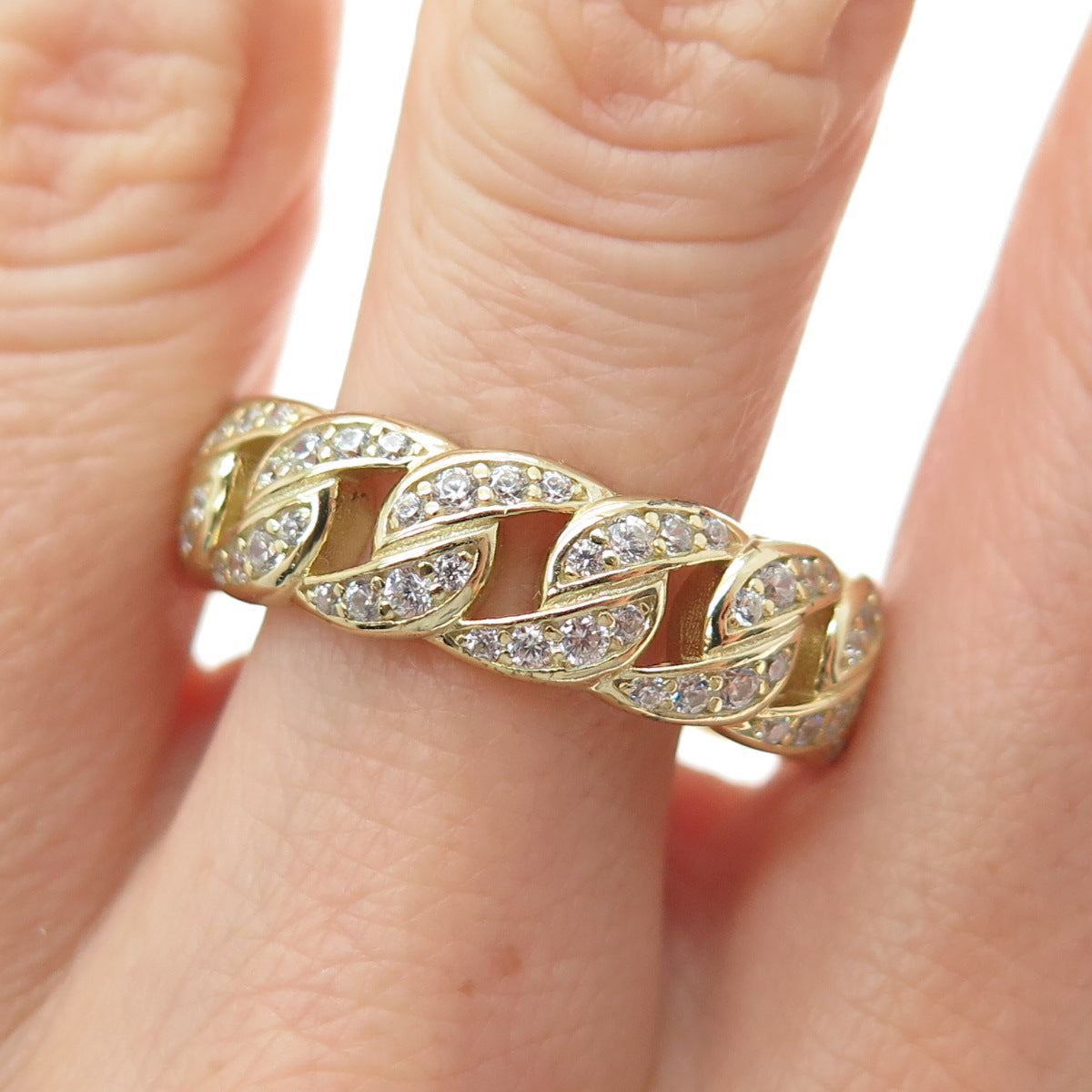 LER JEWELS Sterling Silver Gold Plated Round-Cut C Z Curb Band Ring Size 12.5