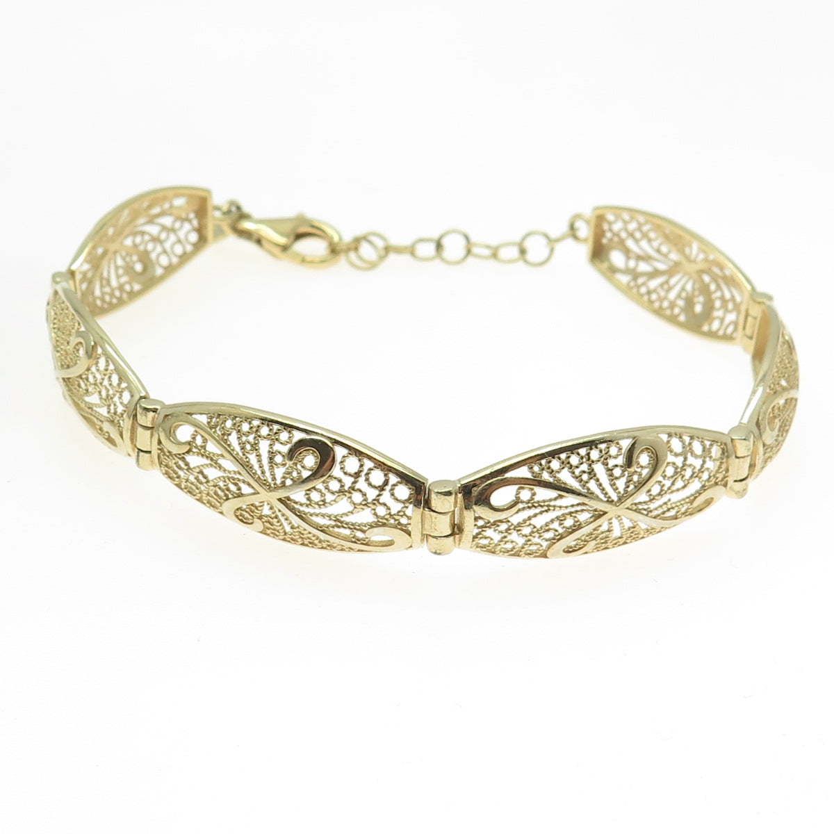 925 Sterling Silver Gold Plated Filigree Panel Link Bracelet 8"