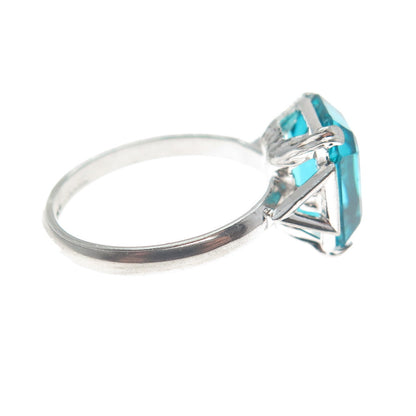 925 Sterling Silver Antique Art Deco Emerald-Cut Blue Glass Ring Size 7