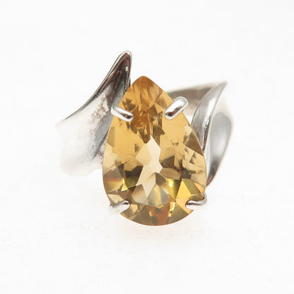 925 Sterling Silver Vintage Real Pear-Cut Citrine Modernist Ring Size 8.25