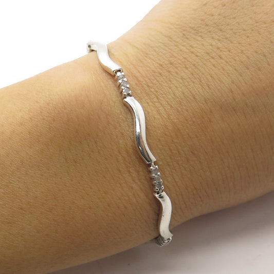 HN HENG NGAI  925 Sterling Silver Real Round-Cut Diamond Wavy Bar Bracelet 6.75"