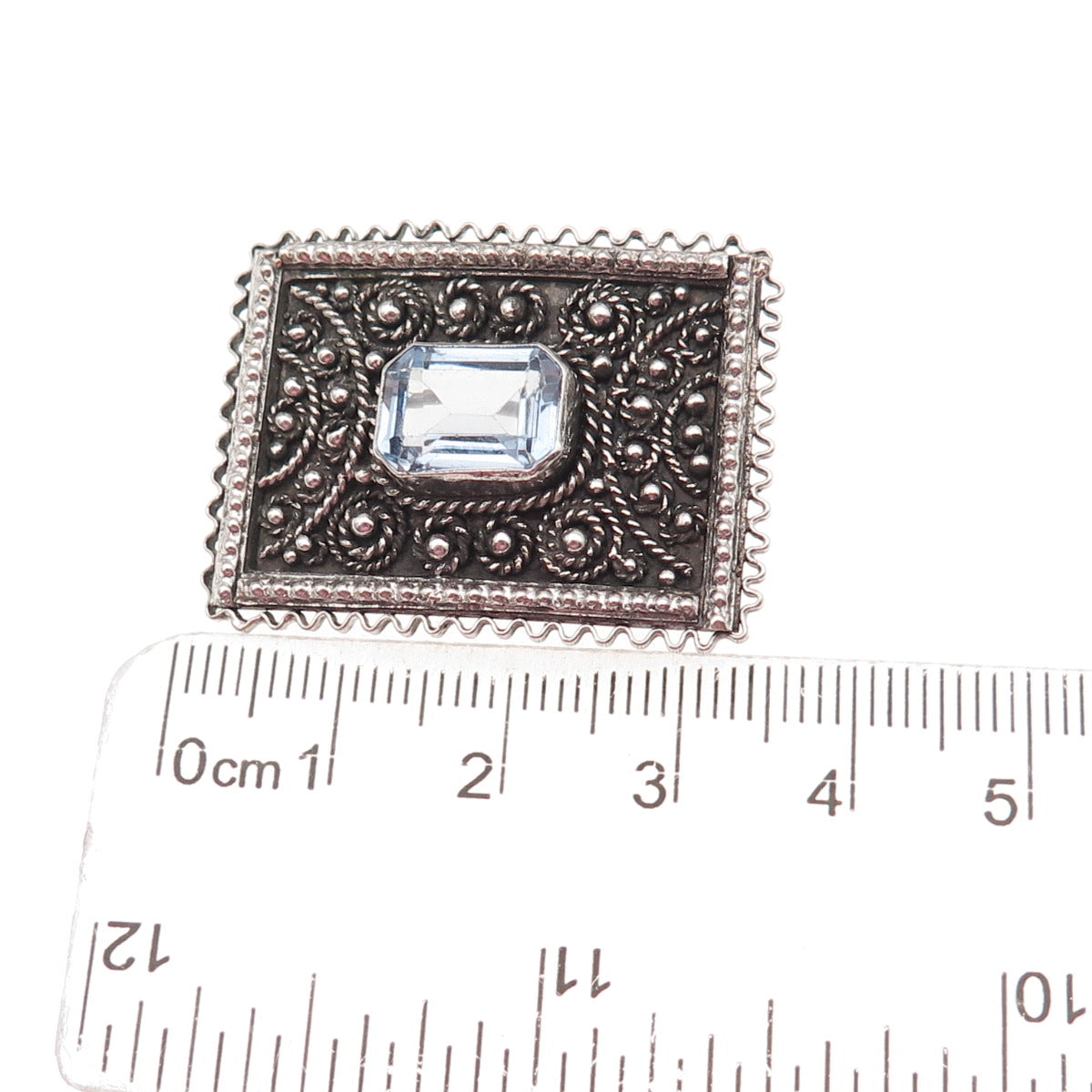 925 Sterling Silver Vintage Jerusalem Israel Blue Crystal Oxidized Pin Brooch