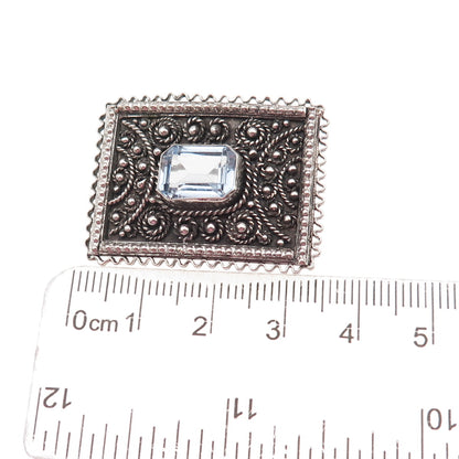 925 Sterling Silver Vintage Jerusalem Israel Blue Crystal Oxidized Pin Brooch