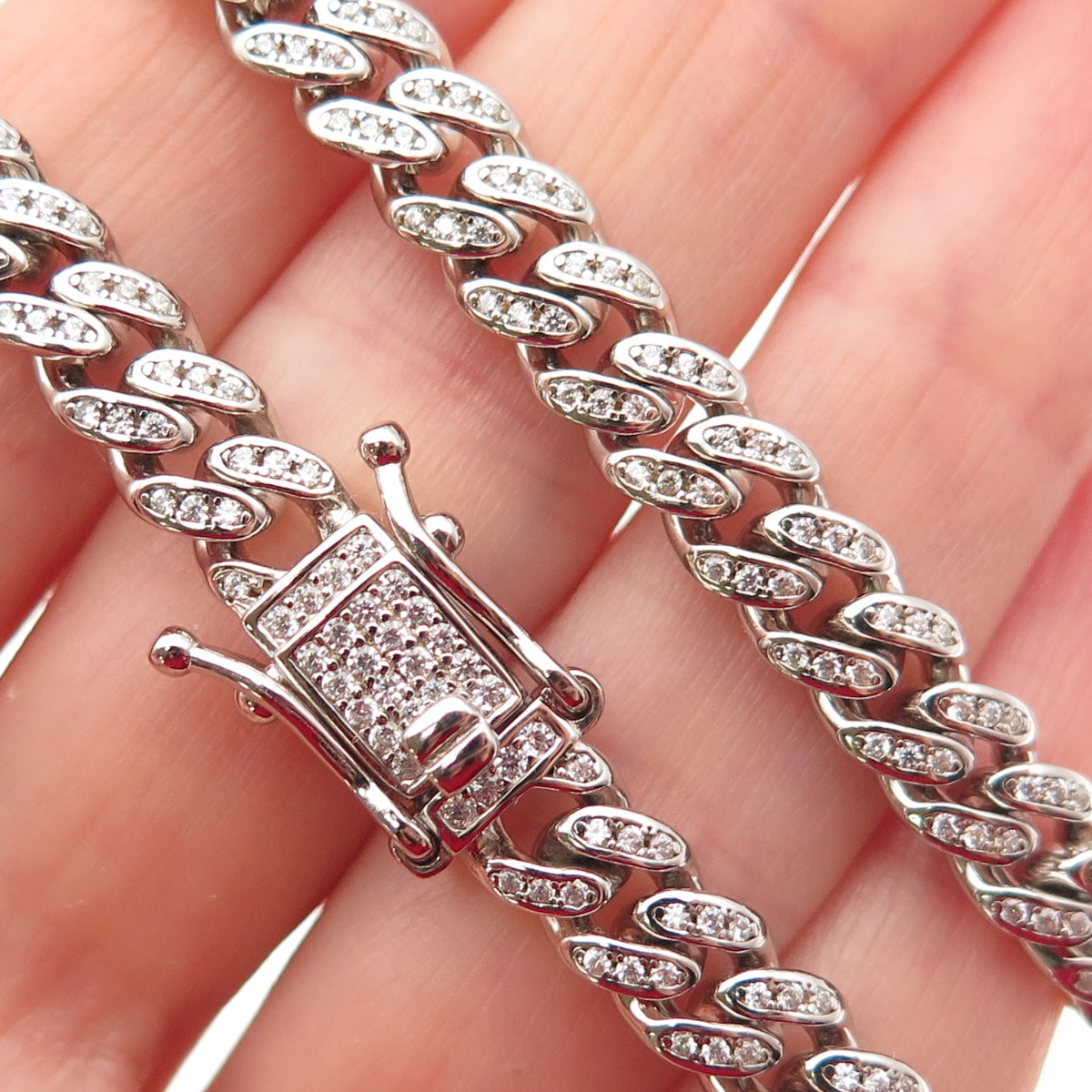 925 Sterling Silver Round-Cut C Z Cuban Chain Necklace 16"