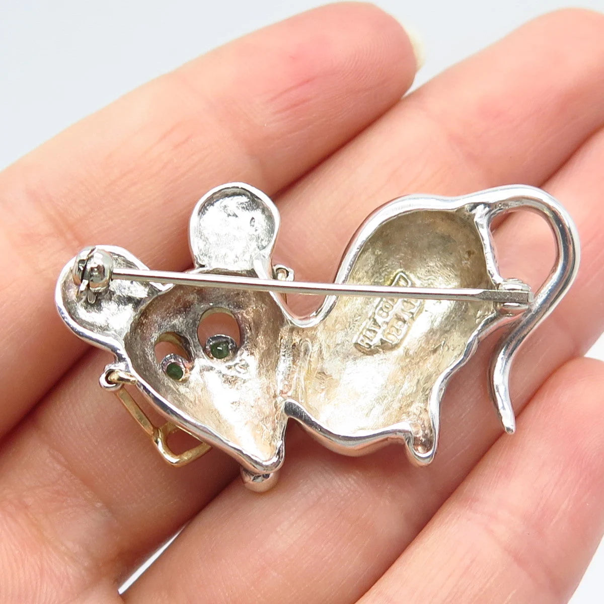 925 Sterling Silver / 14K Gold Vintage H&T Solow Emerald Gem Mouse Pin Brooch