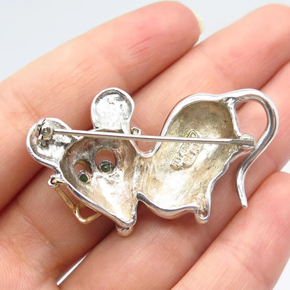 925 Sterling Silver / 14K Gold Vintage H&T Solow Emerald Gem Mouse Pin Brooch