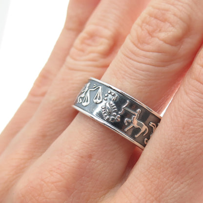 925 Sterling Silver Vintage Mexico Zodiac Calendar Oxidized Band Ring Size 11.75