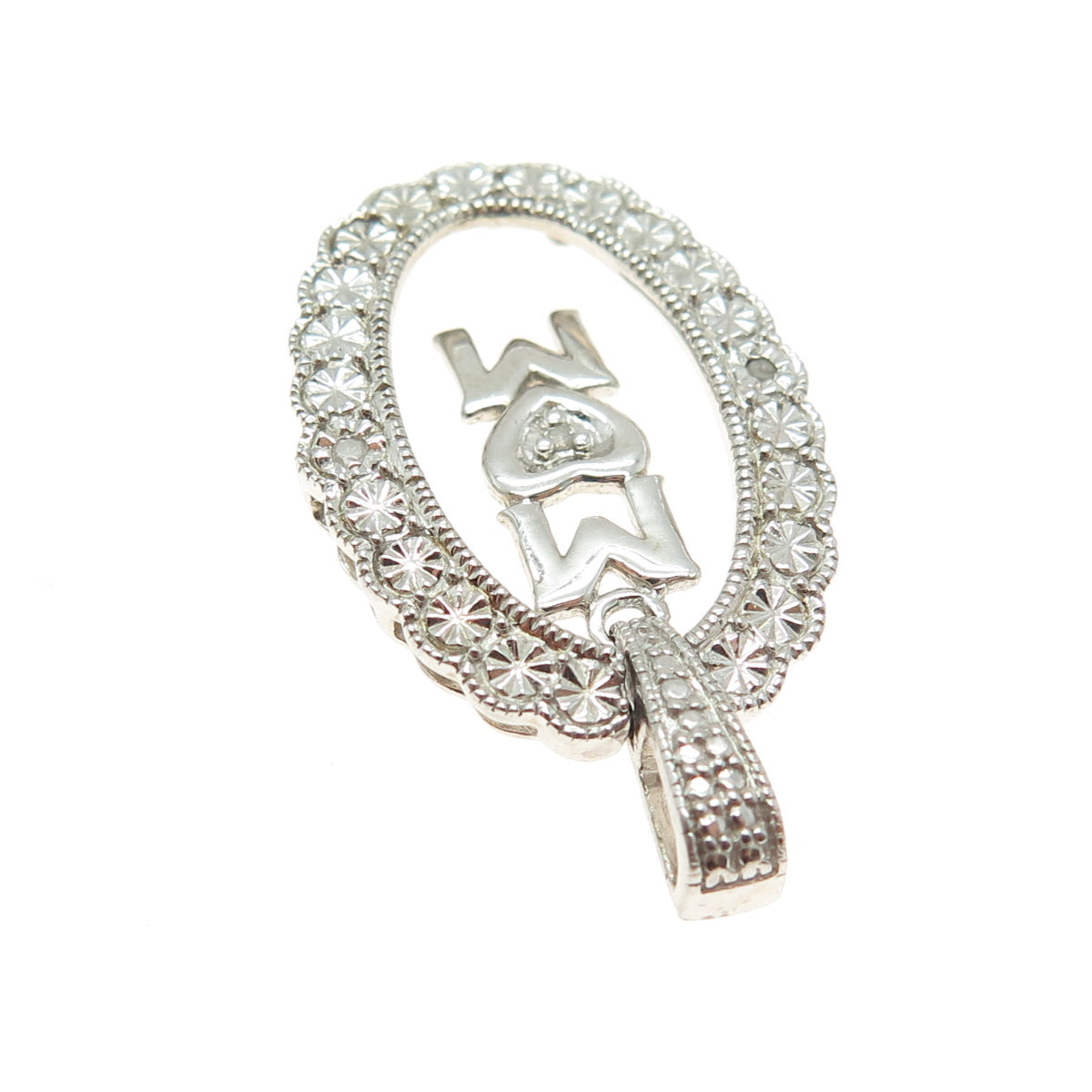 925 Sterling Silver Real Round-Cut Diamond Accent "MOM" Pendant