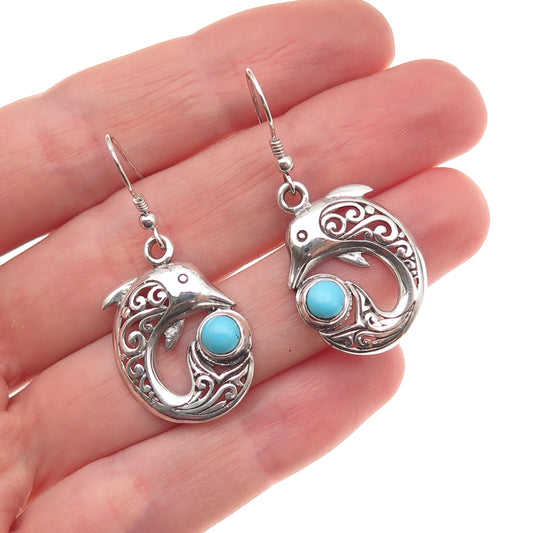 925 Sterling Silver Real Sleeping Beauty Turquoise Dolphin Dangle Earrings