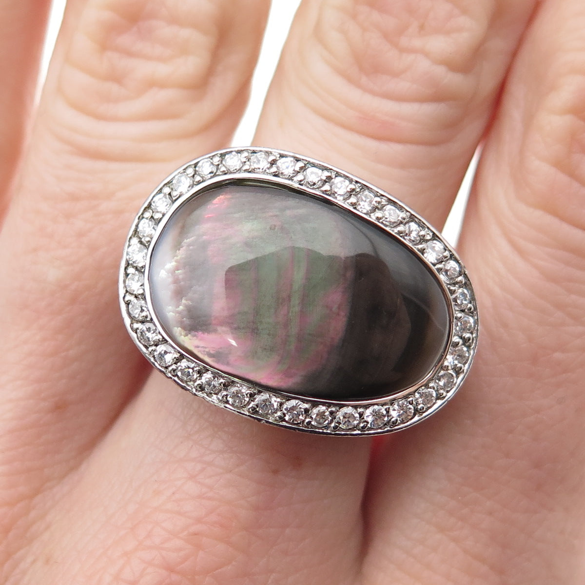 925 Sterling Silver Vintage Real Abalone Shell & C Z Modernist Ring Size 8