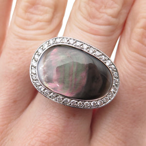 925 Sterling Silver Vintage Real Abalone Shell & C Z Modernist Ring Size 8