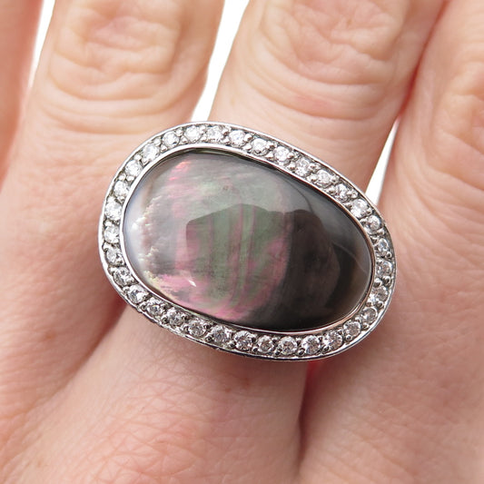 925 Sterling Silver Vintage Real Abalone Shell & C Z Modernist Ring Size 8