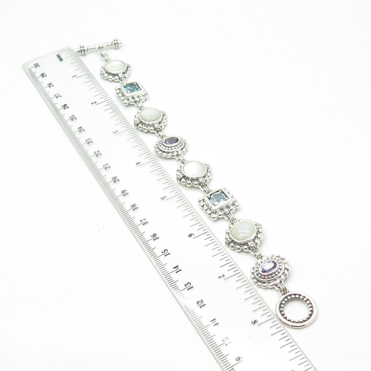 925 Sterling Silver Vintage Real Blue Topaz Amethyst & MOP Dotted Bracelet 7.5"