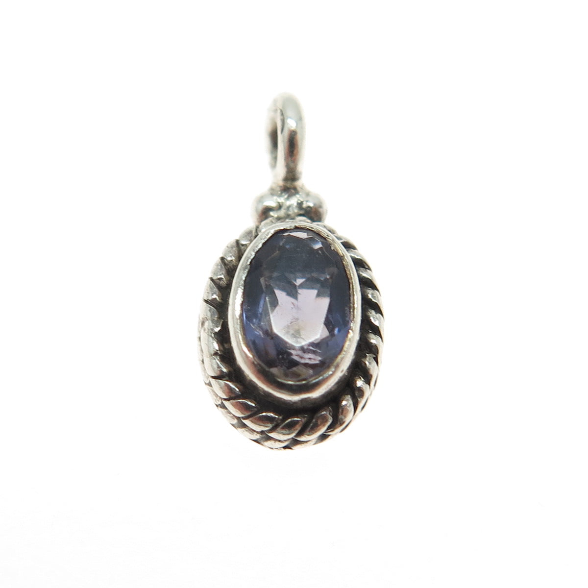 925 Sterling Silver Vintage Real Oval-Cut Iolite Roped Minimalist Pendant