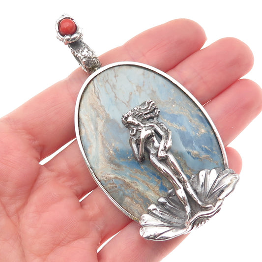 925 Sterling Vintage Real Ocean Jasper & Coral Lady Seashell Large 38.9g Pendant