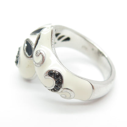 EMA 925 Sterling Silver Real Black Spinel Gemstone & White Enamel Ring Size 7.25