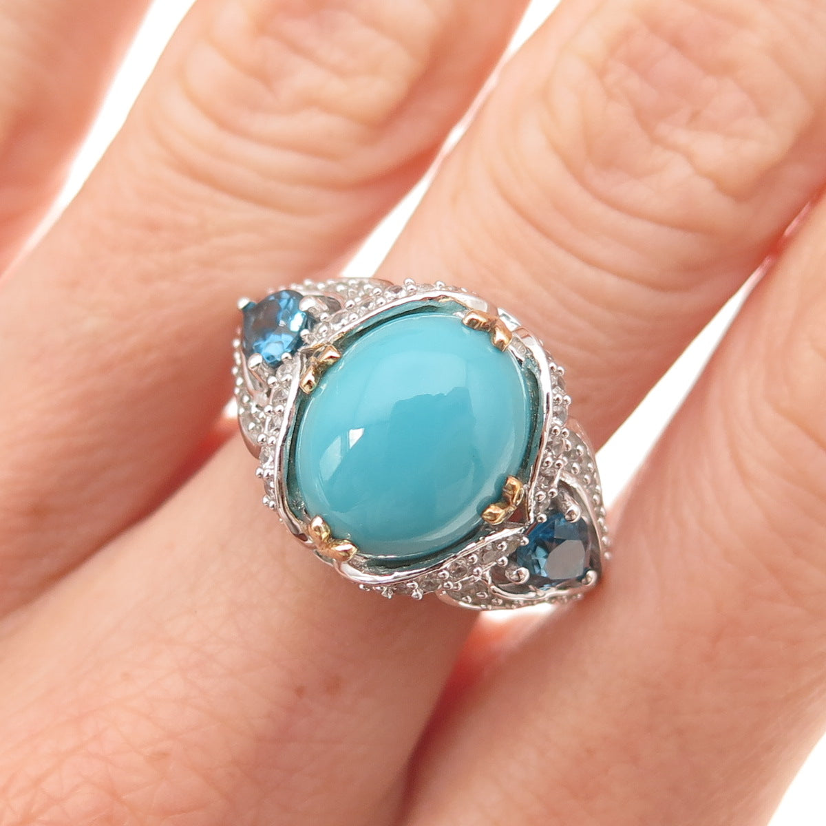 925 Sterling Silver 2-Tone Real Turquoise Blue & White Topaz Ring Size 8.25