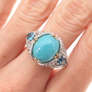 925 Sterling Silver 2-Tone Real Turquoise Blue & White Topaz Ring Size 8.25