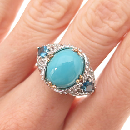 925 Sterling Silver 2-Tone Real Turquoise Blue & White Topaz Ring Size 8.25