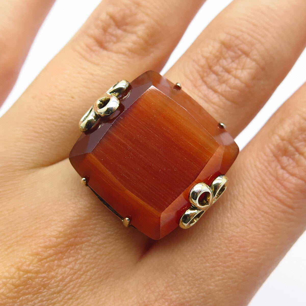 925 Sterling Silver Gold Plated Fiber Optic Cat's Eye Gem Square Ring Size 8