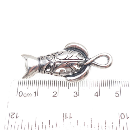Jezlaine 925 Sterling Silver Vintage Cat Floral Scroll Oxidized Pin Brooch