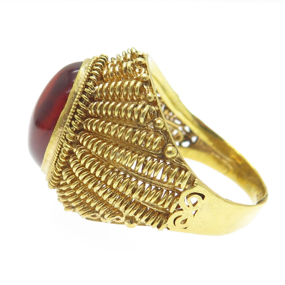 925 Sterling Gold Plated Antique Red Amber Spring Adjustable Ring Size 9.5