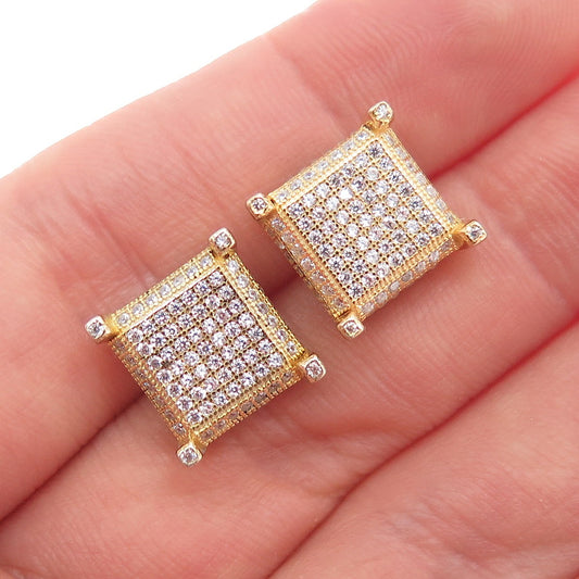 925 Sterling Silver Gold Plated Round-Cut C Z Square Stud Earrings