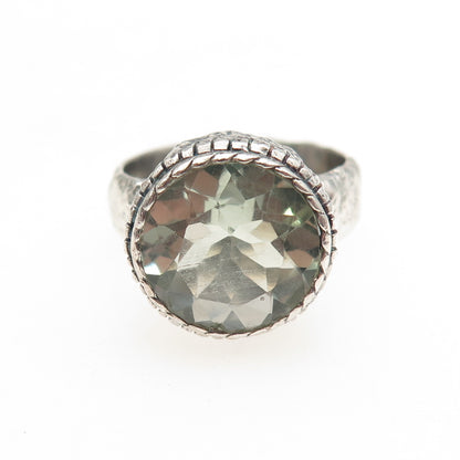 925 Sterling Silver Vintage Real Green Amethyst Modernist Oxidized Ring Size 9
