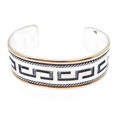 925 Sterling Silver 2-Tone Vintage Tribal Maze Adjustable Cuff Bracelet 7"